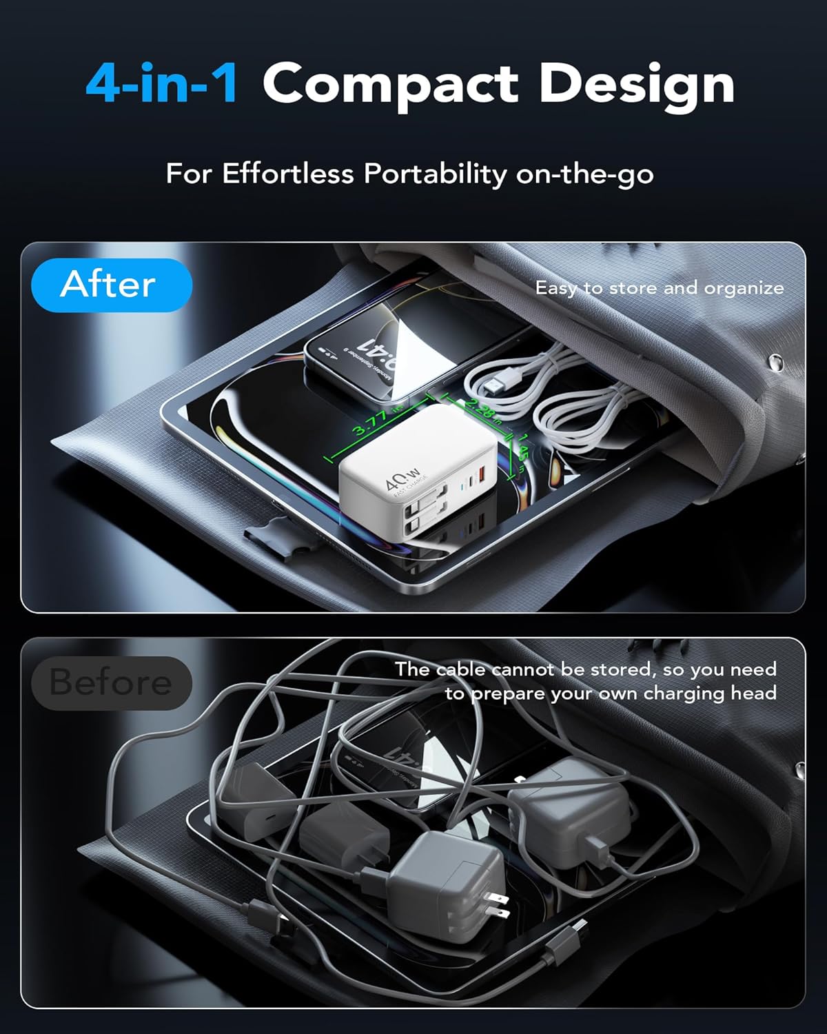Retractable USB C Charger Wall Plug with Dual 35.5in/90cm Type C Cables Cords,40W Fast Charging Foldable Block Multi Charger for All Devices for iPhone 16/15/14/13/12/11,iPad,Galaxy,Pixel