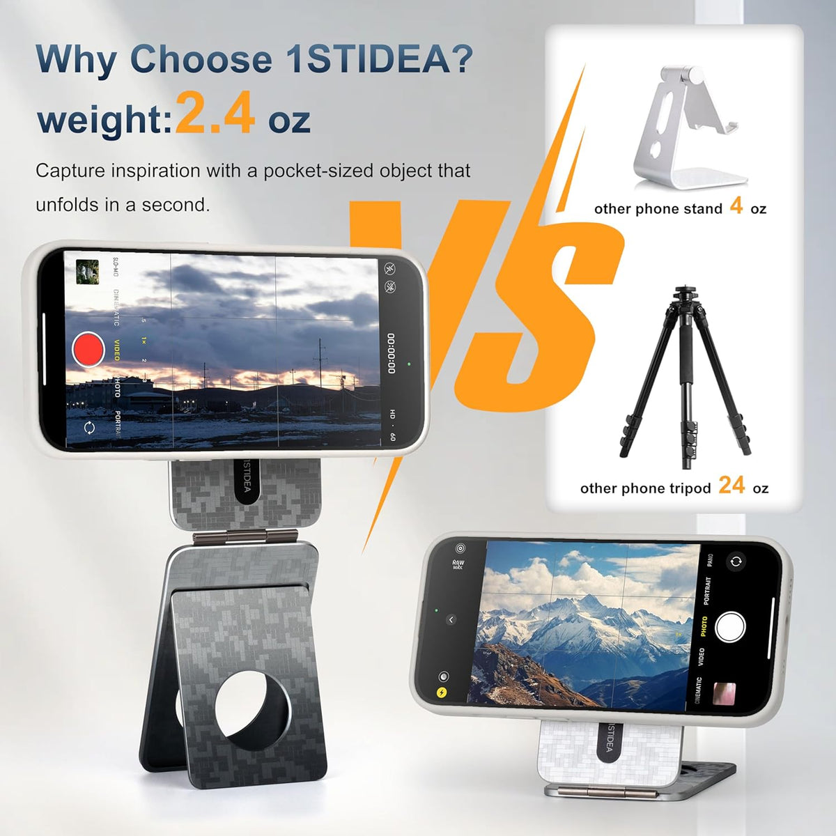 Phone Tripod Stand, Aluminum Alloy Mini Tripod Compatible with Magsafe iPhone 16/15/14/13/12 Series, Foldable Strong Magnetic Phone Stand, Mult-Angle Adjustment Selfie Stick (Mosaic Grey)