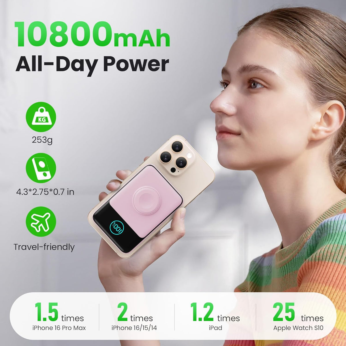 Magnetic Portable Charger for iPhone, 3-in-1 10800mAh Qi2 15W Wireless Power Bank with iWatch Charger,30W PD Fast Charging USB-C LCD Display Battery Pack for Magsafe,iPhone 16/15/14/13/12, Apple Watch