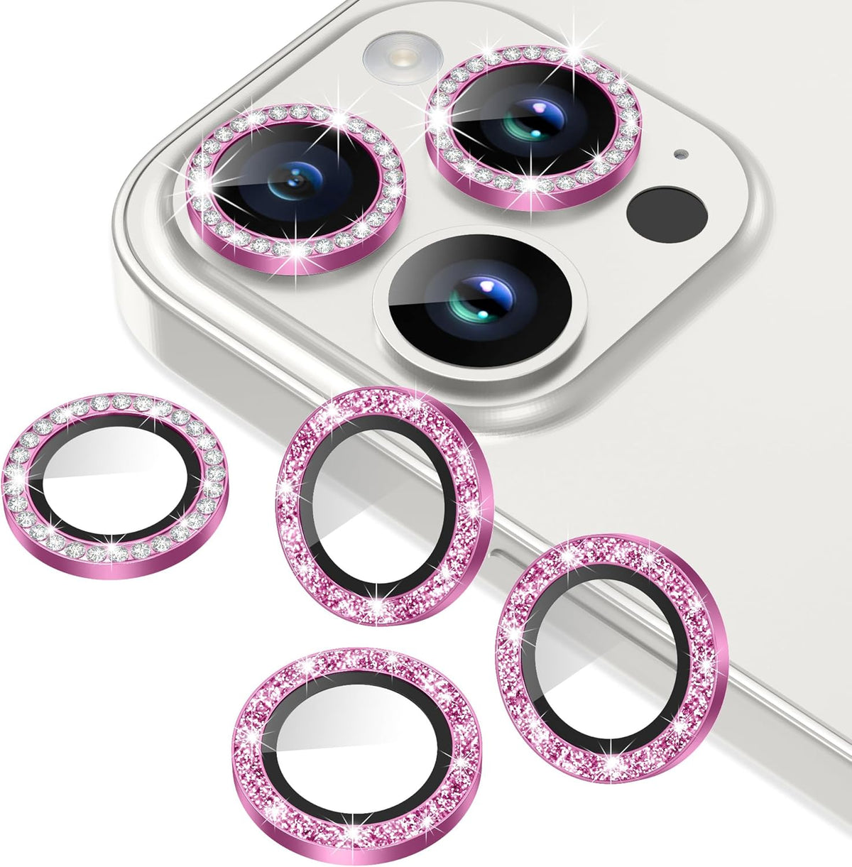 AGVEE 3+3 6 Pack for iPhone 15 Pro 6.1" / 15 Pro Max 6.7" Camera Lens Cover Protector, Bling Diamond & Bling Glitter Metal Ring 9H Tempered HD Glass Camera Cover Protector Film, Bling-Rose