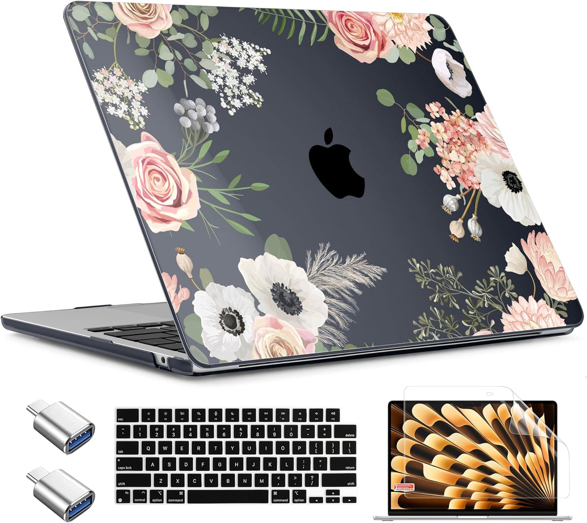 TWOLSKOO Compatible with M4 MacBook Air 13.6 inch Case 2025-2022 Release M4 A3240 M3 A3113 M2 A2681, Plastic Hard Shell & Keyboard Cover & Type C Adapter & Screen Protector, Rose Flower