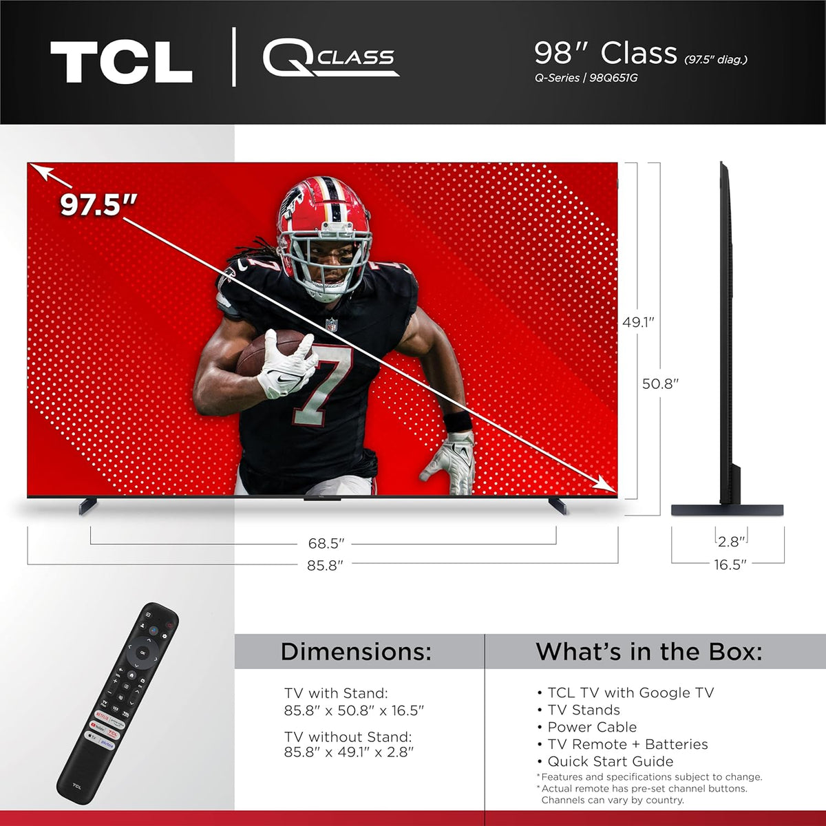 TCL 98-Inch Q65 QLED 4K UHD Smart TV with Google TV (98Q651G, 2024 Model) Dolby Vision, Dolby Atmos, HDR Pro+, Game Accelerator Enhanced Gaming, Voice Remote, Works with Alexa, Streaming Television