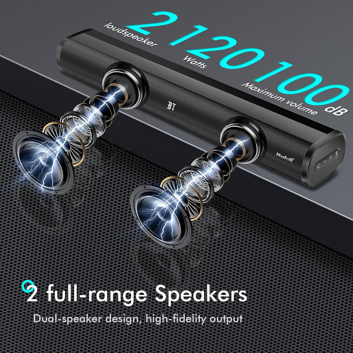Sound Bars for TV with Subwoofer 2.1 CH 120W Soundbar for TV, for PC, Gaming, Surround Sound System TV Sound Bar Speakers, Home Theater with Bluetooth, HDMI, AUX, USB, Opt Connection, 16 Inch, MF604S