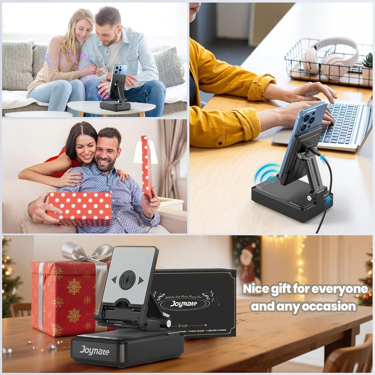 Gifts for Men and Women, Wireless Phone Charger Stand with Bluetooth Speaker and Adjustable Angle Phone Holder for Desk Tech Gift for Birthday/Anniversary (Black)