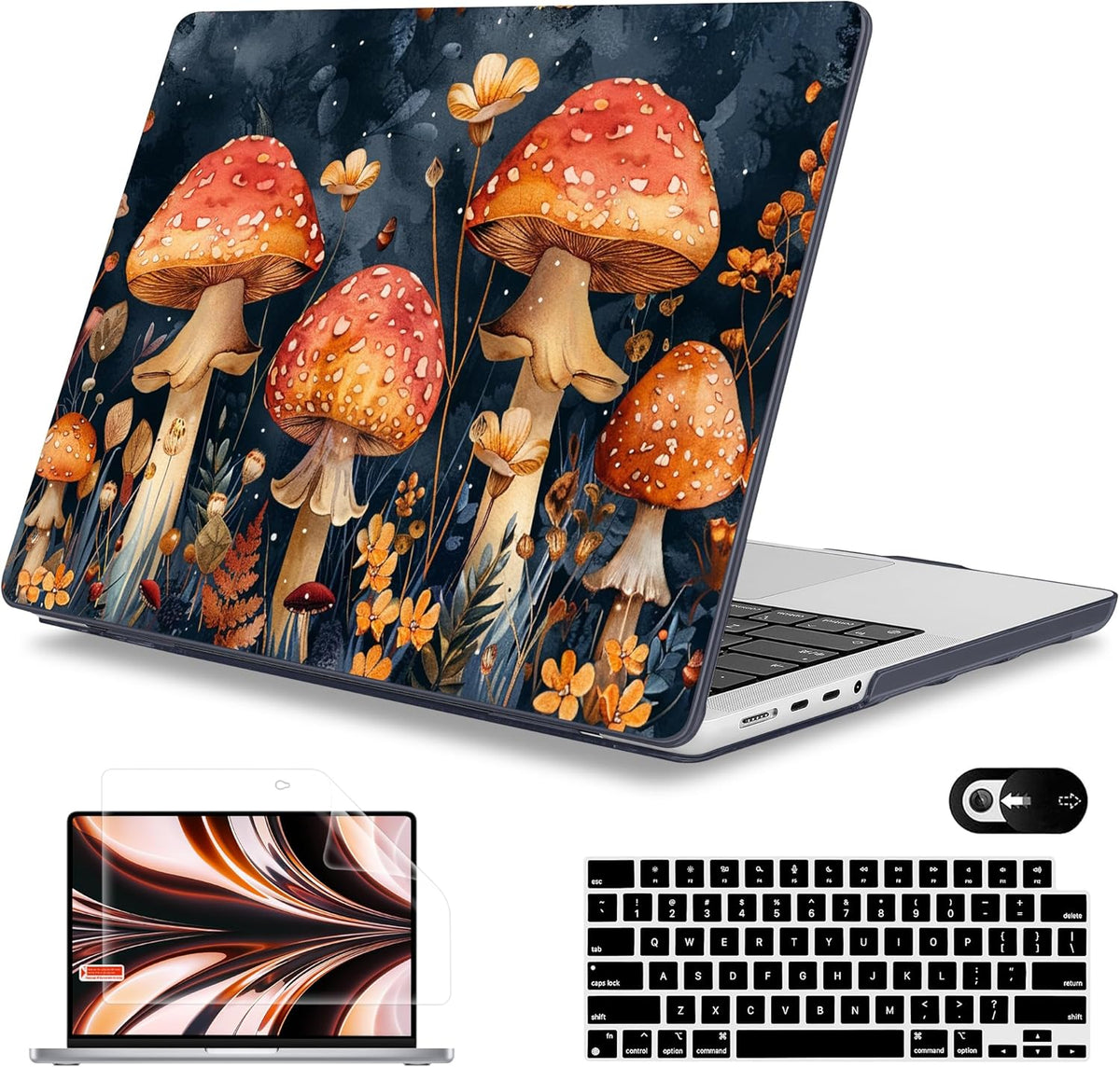 Mektron Case for MacBook Pro 16" M4 A3403 A3186 M3 A2991 M2 A2780 M1 A2485 (2021/2023/2024) Pro/Max with Touch ID, Hard Shell Plastic Laptop Cover Keyboard Cover Screen Protector, Mushrooms