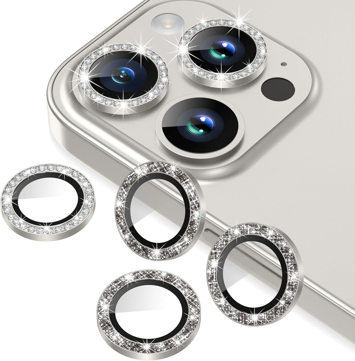AGVEE 3+3 6 Pack for iPhone 15 Pro 6.1" / 15 Pro Max 6.7" Camera Lens Cover Protector, Bling Diamond & Bling Glitter Metal Ring 9H Tempered HD Glass Camera Cover Protector Film, Bling-Natural