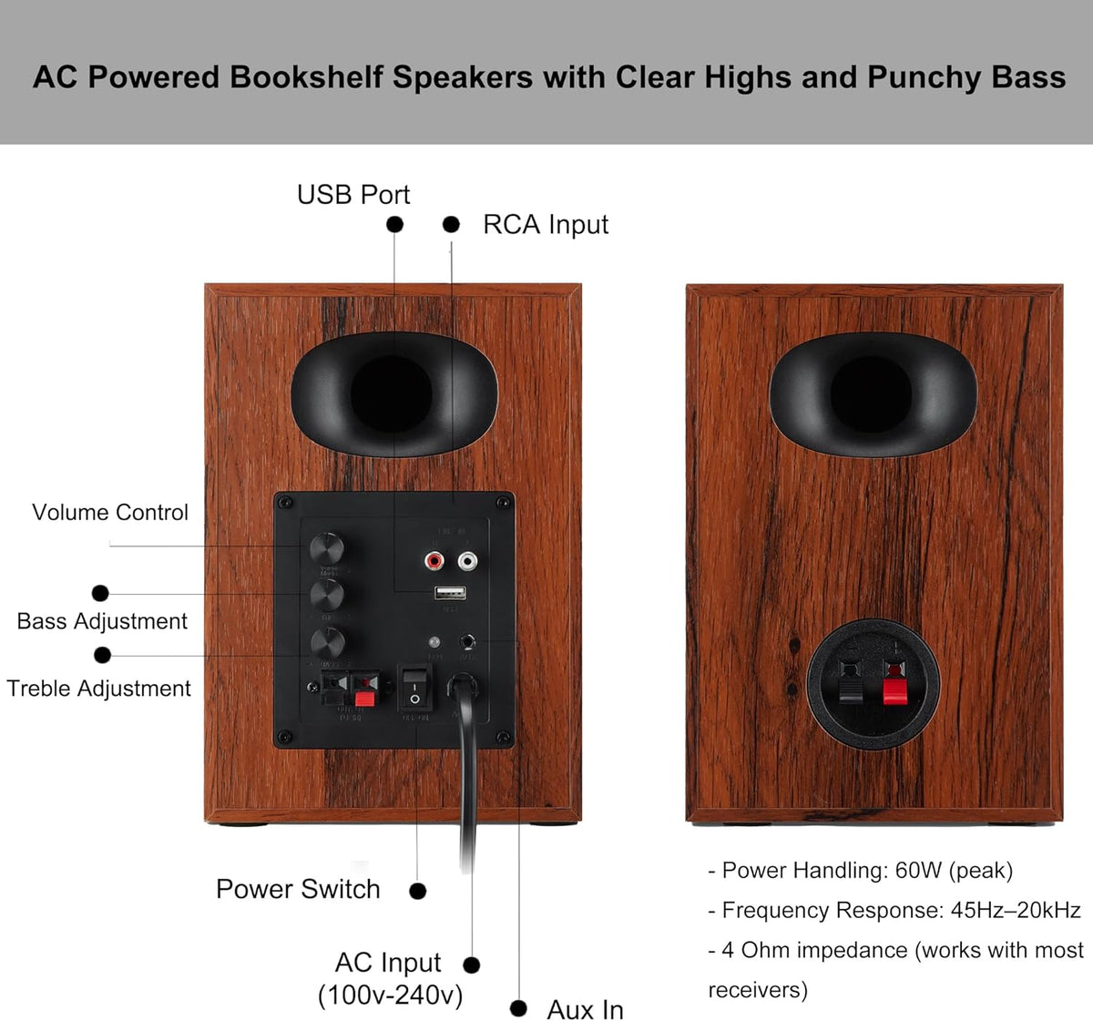 Bookshelf Speakers with Deep Bass, 80W Peak Output HiFi Gaming Computer Speakers, 4" Desktop Audio System for Home Entertainment, Turntable, Pair, Walnut