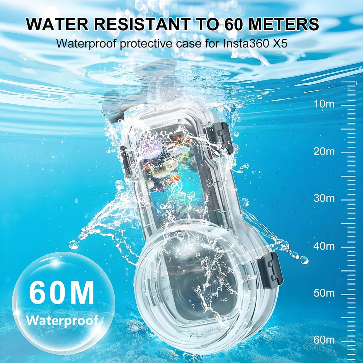 60M/196FT Invisible Diving Case for Insta360 X5 Underwater Waterproof Case Housing Shell for Insta 360 x5 Action Camera Protective Cover Accessories for Diving Surfing Swimming Skiing