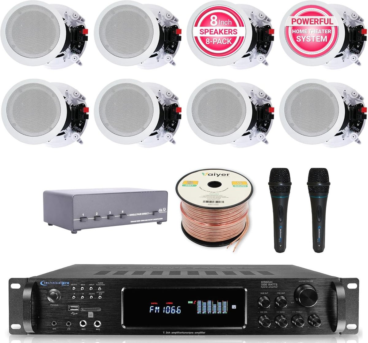 Home Audio System Kit - 7.2 Channel 1500W Bluetooth Amplifier w/ 8 Qty of 8" Framed Ceiling Speakers 300 W Each, 4-Ch Speaker Selector, 2 Qty of Mic, 250 ft Speaker Wire & Remote by Vaiyer