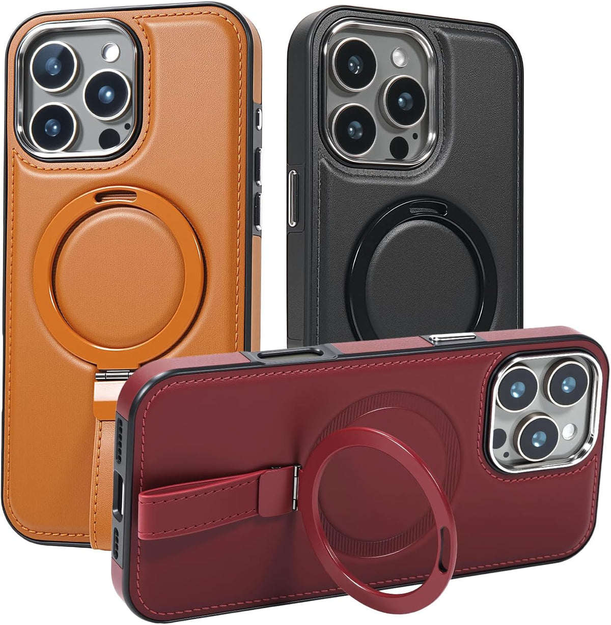 Leather Case, Suitable for iPhone 16 Pro Case, Invisible Magnetic Design, Equipped with a Lanyard and Foldable Stand, Black, Yellow and red (Black, iPhone 16 Pro)