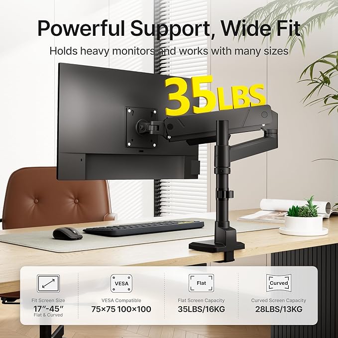monTEK Tall Single Monitor Arm for 17 to 45 Inch Curved Screen Adjustable Upgraded Heavy Duty Ultrawide Monitor Arm Holds 35 Lbs Cable Management with C Clamp, Grommet Base, VESA 75/100mm, MA1007PBK