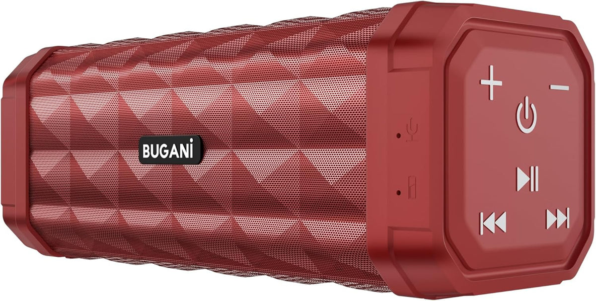 BUGANI Bluetooth Speaker Portable Wireless Speaker, 100ft Wireless Range, Louder Volume, Stereo Sound, Amazing Bass 24H Playtime, IPX5, Built-in Mic, Waterproof Speaker for Home, Outdoor, Red