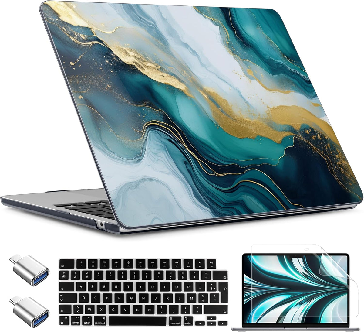 TWOLSKOO Compatible with M4 MacBook Air 13.6 inch Case 2025-2022 Release M4 A3240 M3 A3113 M2 A2681, Plastic Hard Shell & Keyboard Cover & Type C Adapter & Screen Protector, Graphite Marble