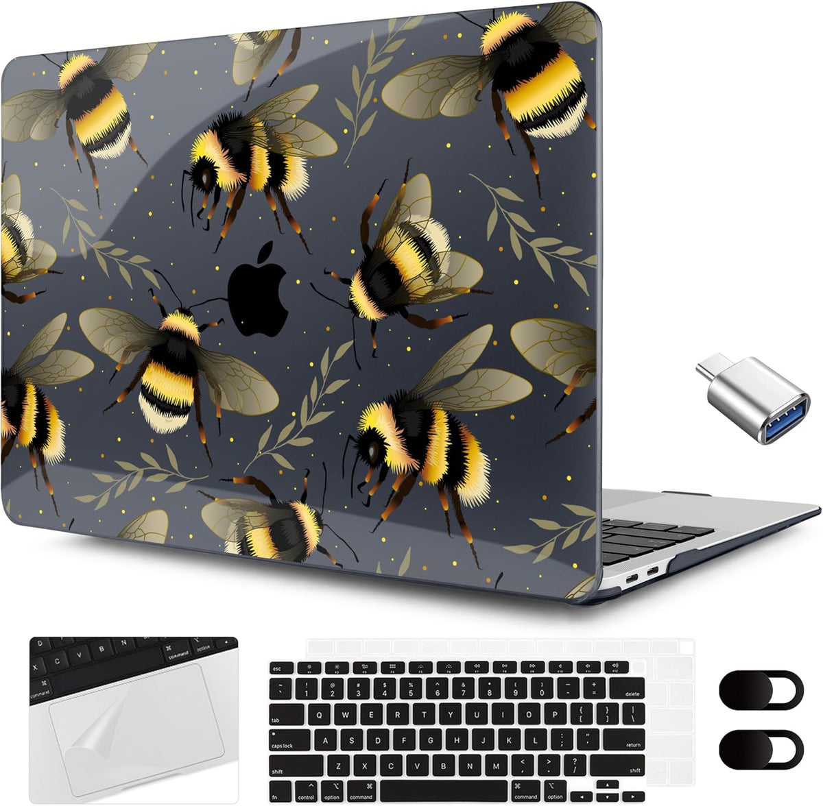 MEEgoodo for MacBook Air 13.3 inch Case 2021 2020 2019 2018 A2337 M1 A2179 A1932, Laptop Shell with Keyboard Webcam Cover & Trackpad Film & Type C Adapter for MacBook Air M1, Bumblebee & Leaves