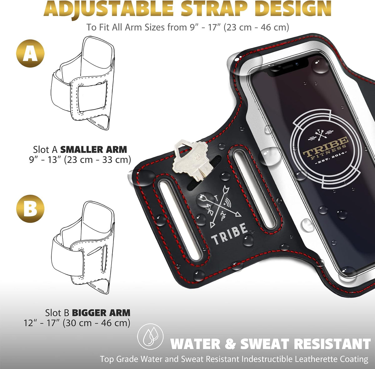 TRIBE Running Phone Holder Armband. iPhone & Galaxy Cell Phone Sports Arm Bands for Women, Men, Runners, Jogging, Walking, Exercise & Gym Workout. Fits All Smartphones. Adjustable Strap, CC/Key Pocket