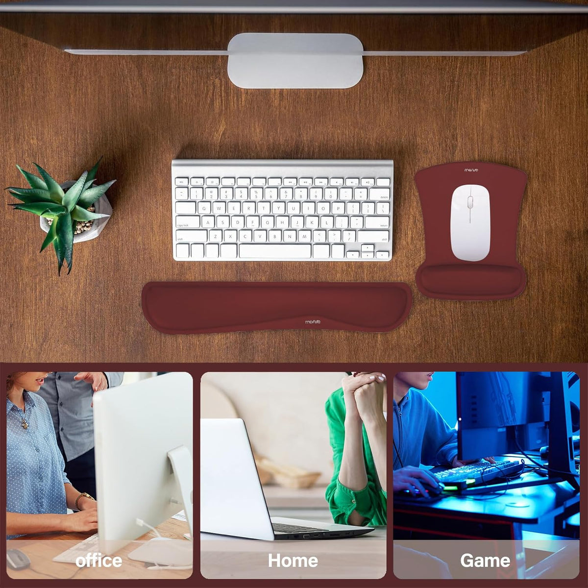 MOSISO Wrist Rest Support for Mouse Pad & Keyboard Set, Ergonomic Mousepad Non-Slip Base Home/Office Pain Relief & Easy Typing Cushion with Neoprene Cloth & Raised Memory Foam, Wine Red