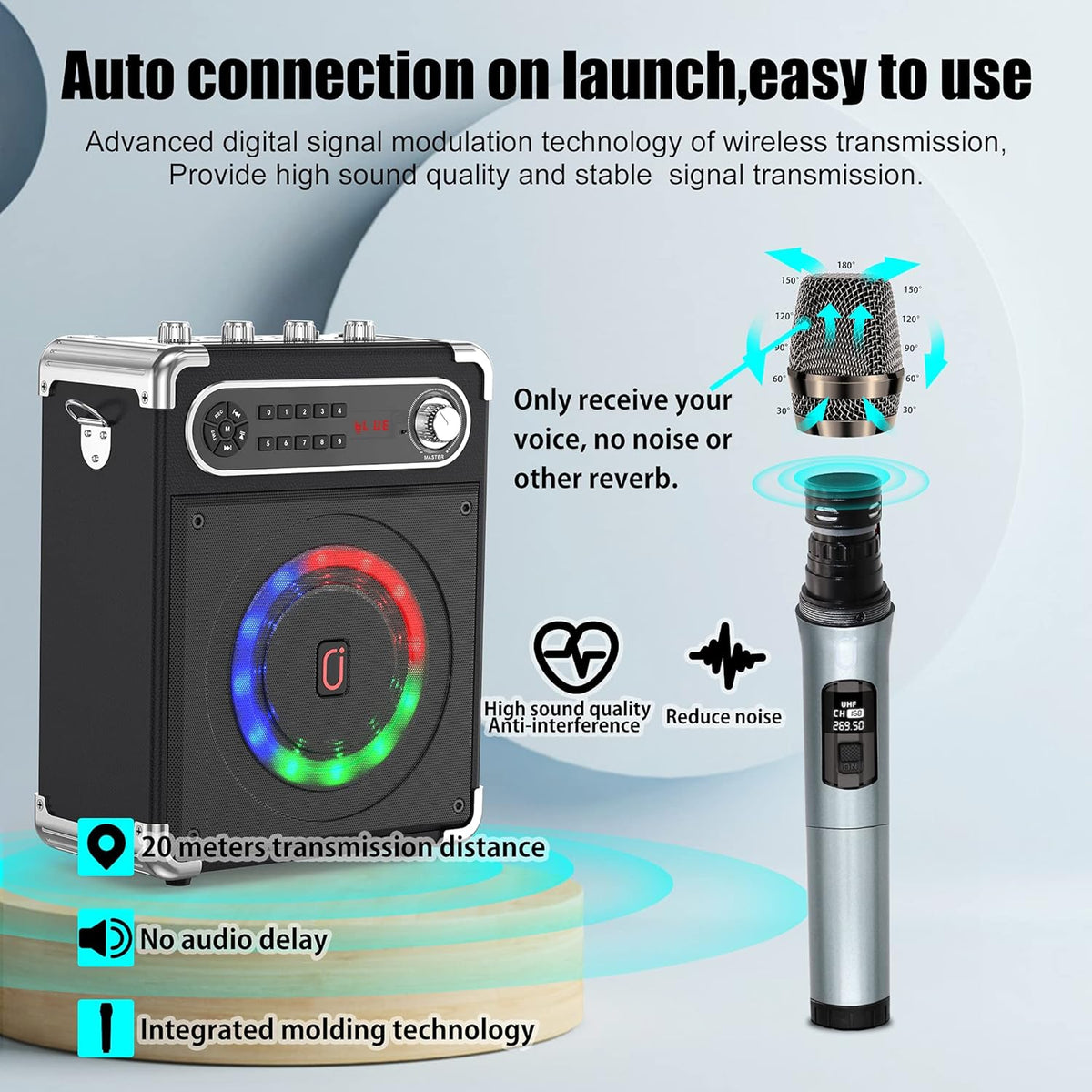 Bluetooth Speaker with Two Wireless Microphones, Outdoor Speaker with Subwoofer/Tweeter, Portable PA Speaker System with Remote Control, Discol Lights, FM, REC for Home, Party