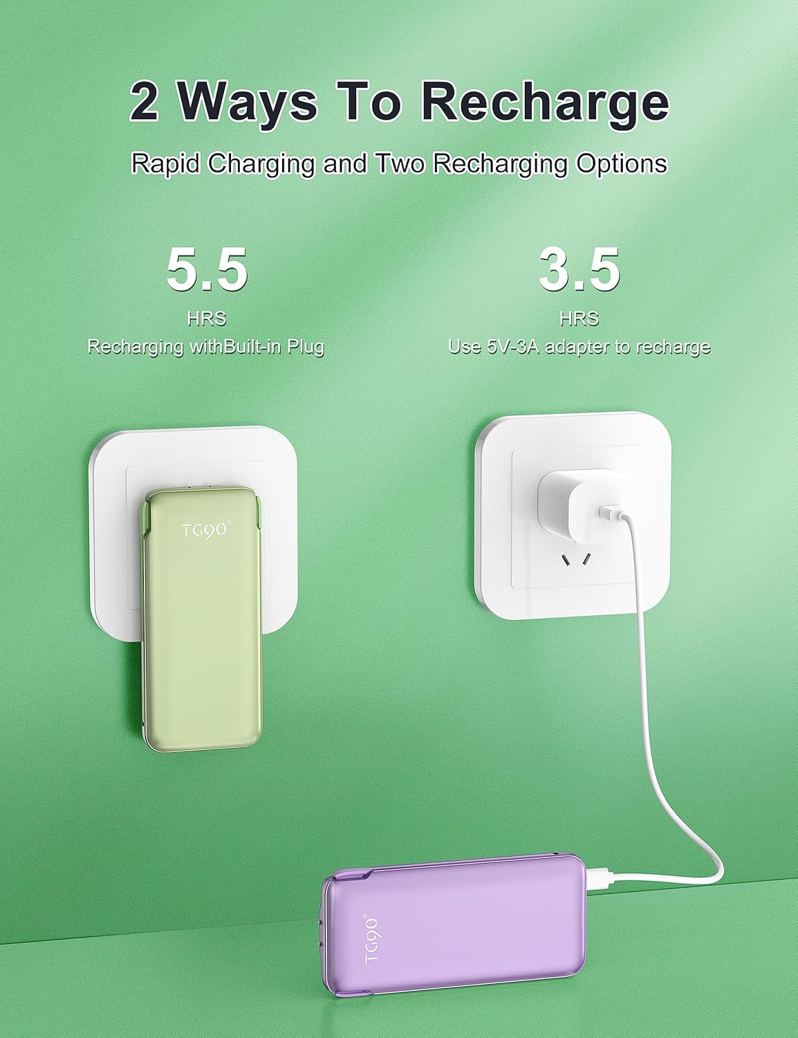 TG90° 10000mah Portable Charger with Built in Cables and AC Wall Plug, Compact Power Bank Portable Phone Charger Battery Pack Compatible with iPhone Android Smart Devices