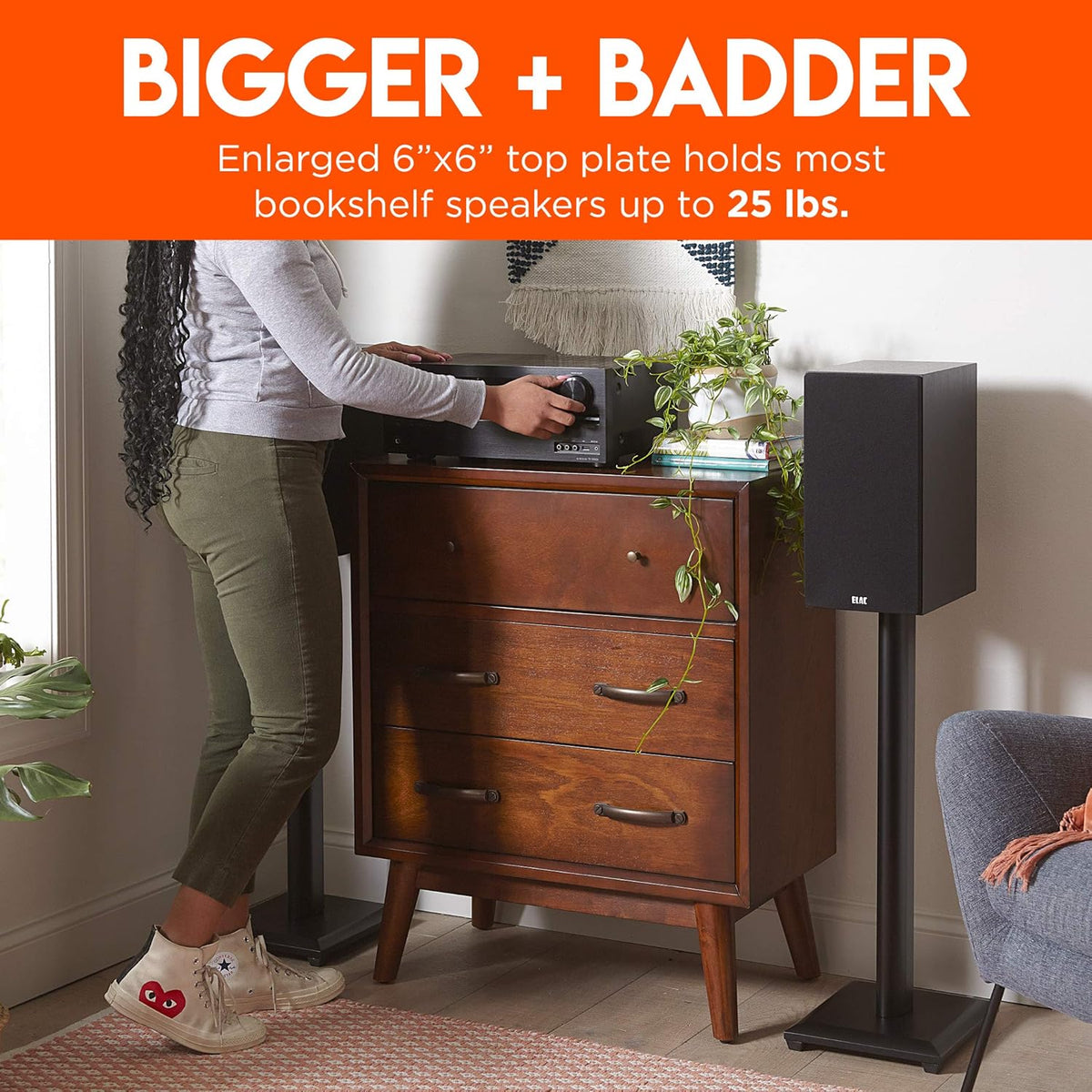 ECHOGEAR Premium Universal Floor Speaker Stands - Vibration-Absorbing MDF Design Works with Edifier, Polk, & Other Bookshelf Speakers Or Studio Monitors - Includes Sound Iso Pads & Carpet Spikes