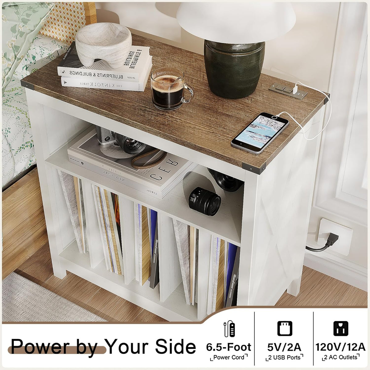 ChooChoo Large Record Player Stand with Charging Station & LED Light, Vinyl Record Holder hold up to 300 Albums, Farmhouse End Table for Bedroom, Living Room, Soft White