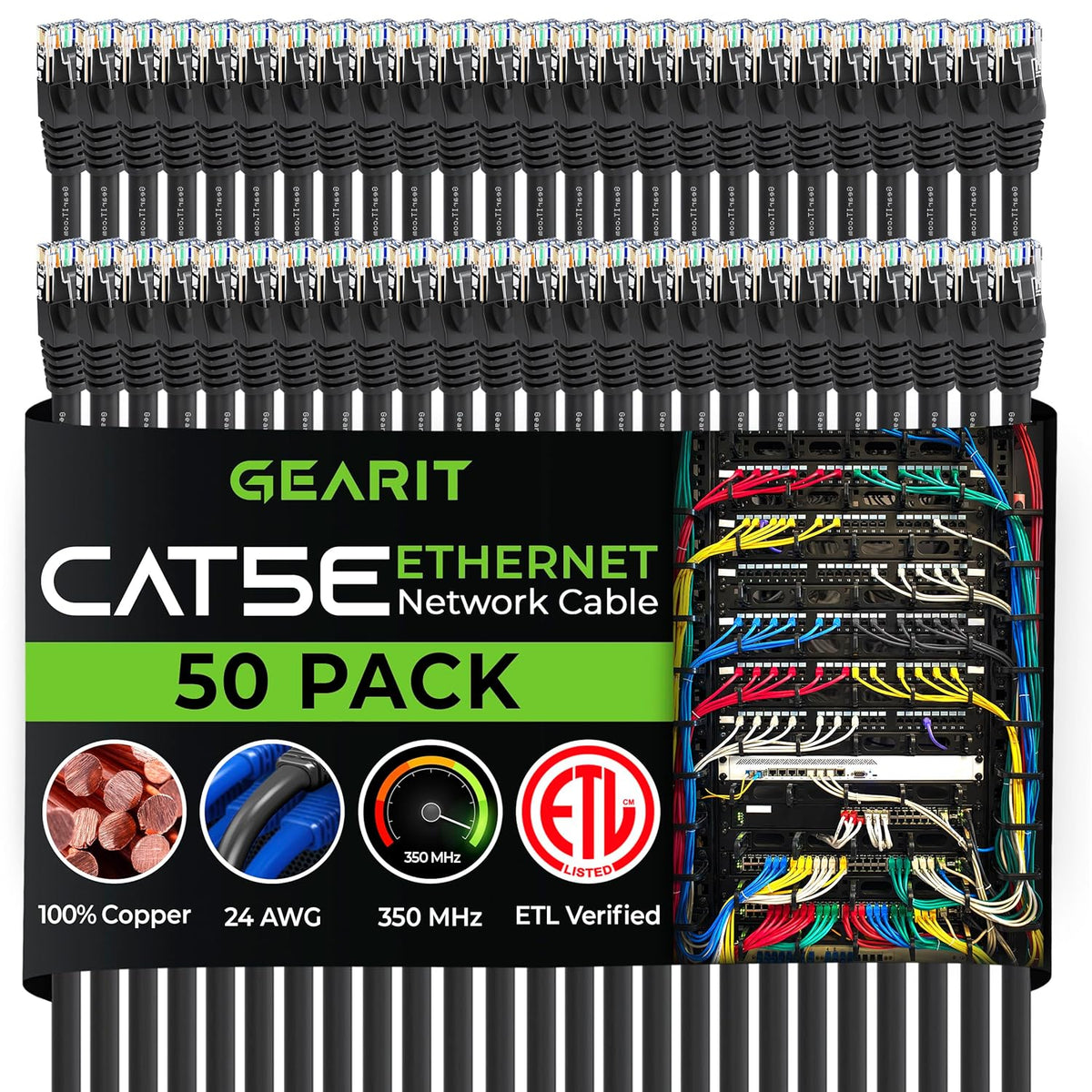 GearIt 50-Pack, Cat5e Ethernet Patch Cable 1 Foot - Snagless RJ45 Computer LAN Network Cord, Black