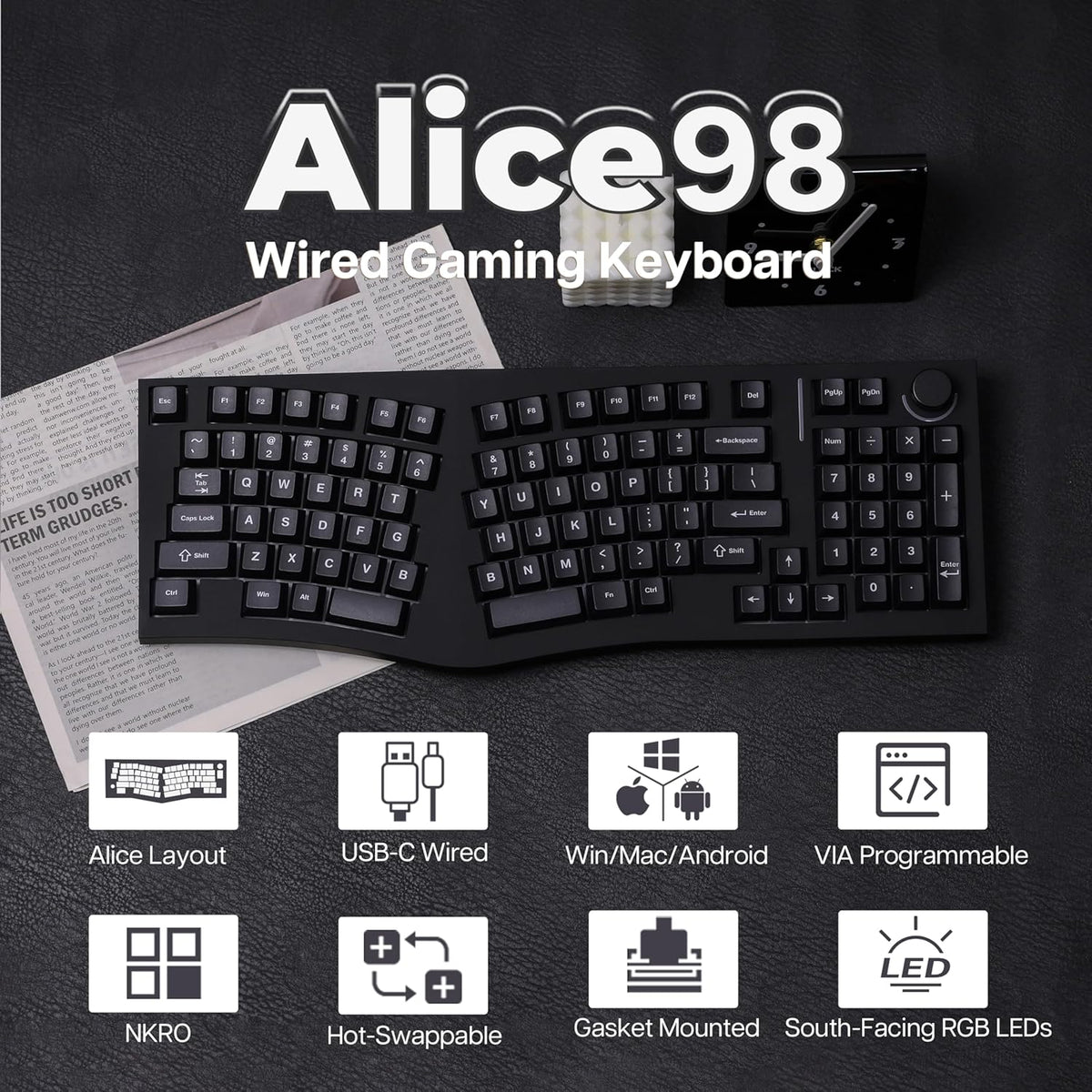 Feker Alice98 Ergonomic 98 Keys Custom Mechanical Keyboard, VIA Programmable, USB-C Wired Gaming Keyboard, Hot Swappable, 5 Layer Paddings, Control Knob, NKRO, RGB for Win/Mac (Black)