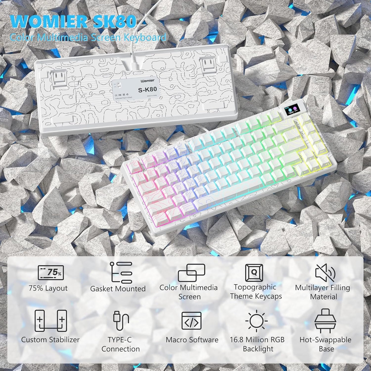 Womier SK80 75% Percent Keyboard with Color Multimedia Display Mechanical Gaming Keyboard Topographic, Hot Swappable Gasket Mount RGB Creamy Key Board Pre-lubed POM Switch for Mac/Win,White