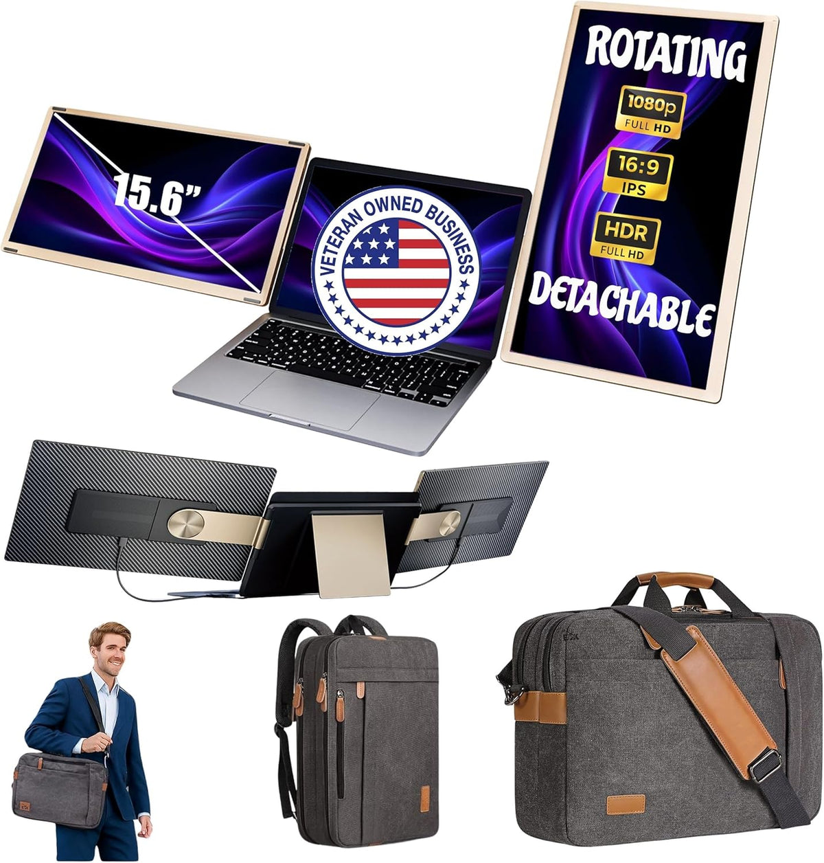 ELK 15.6" Dual Laptop Screen Extender - Laptop Bag & Cleaning Kit Included - FHD 1080P IPS - Detachable & Adjustable Monitor Extender - with Speakers - Compatible with Mac/Android/Win