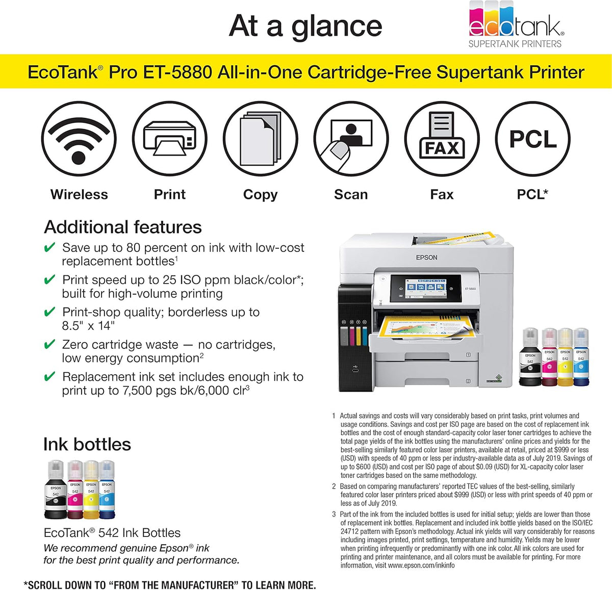 Epson EcoTank Pro ET-5880 Wireless Color All-in-One Supertank Printer with Scanner, Copier, Fax, Ethernet and PCL/Postscript, White
