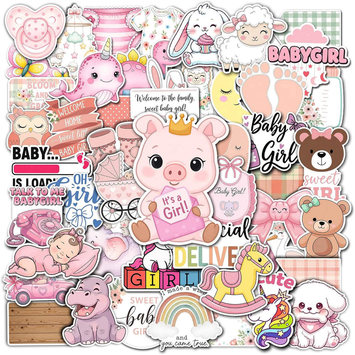 HIZILY 50 Album Pcs Baby Girl Stickers Pink Newborn Sticker Baby Shower Waterproof Vinyl Decals Gender Reveal Decor
