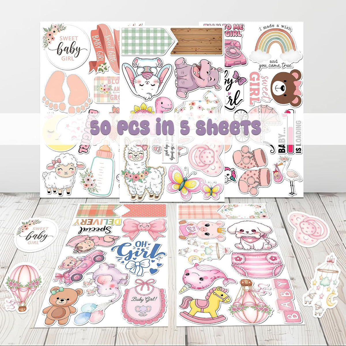 HIZILY 50 Album Pcs Baby Girl Stickers Pink Newborn Sticker Baby Shower Waterproof Vinyl Decals Gender Reveal Decor