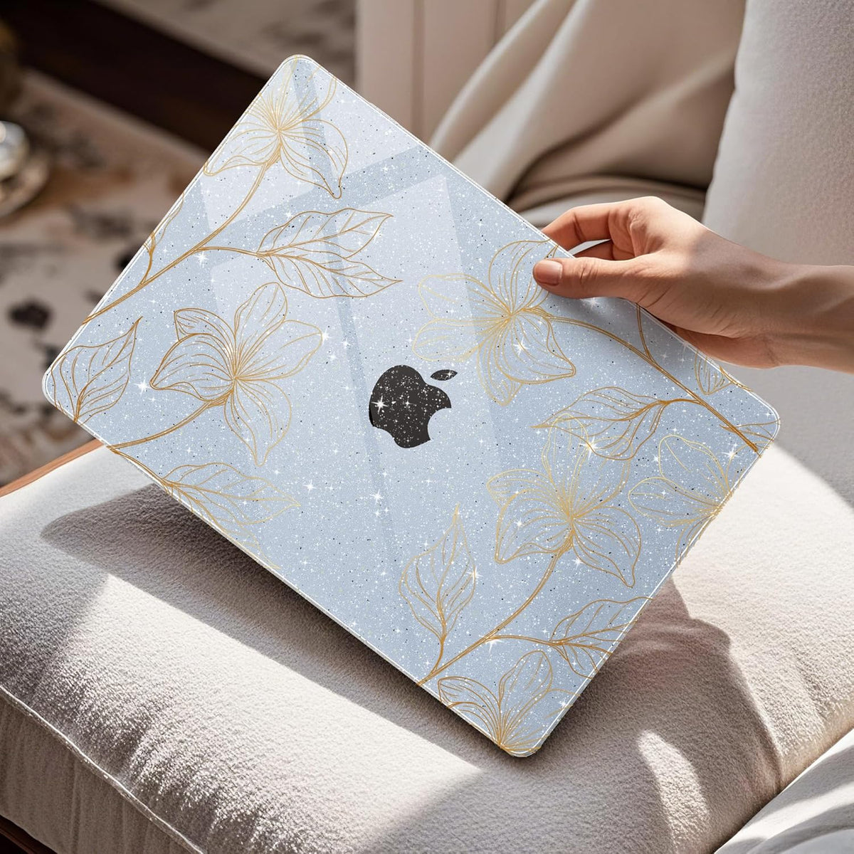 Mektron for 2025 MacBook Air 15 inch M4 Case A3241/ 2024 M3 A3114/ 2023 A2941 M2 Hard Printed Cover with 15.3 Liquid Retina Display Touch ID with Keyboard Skin- Gold Flower S718-Glitter Blue
