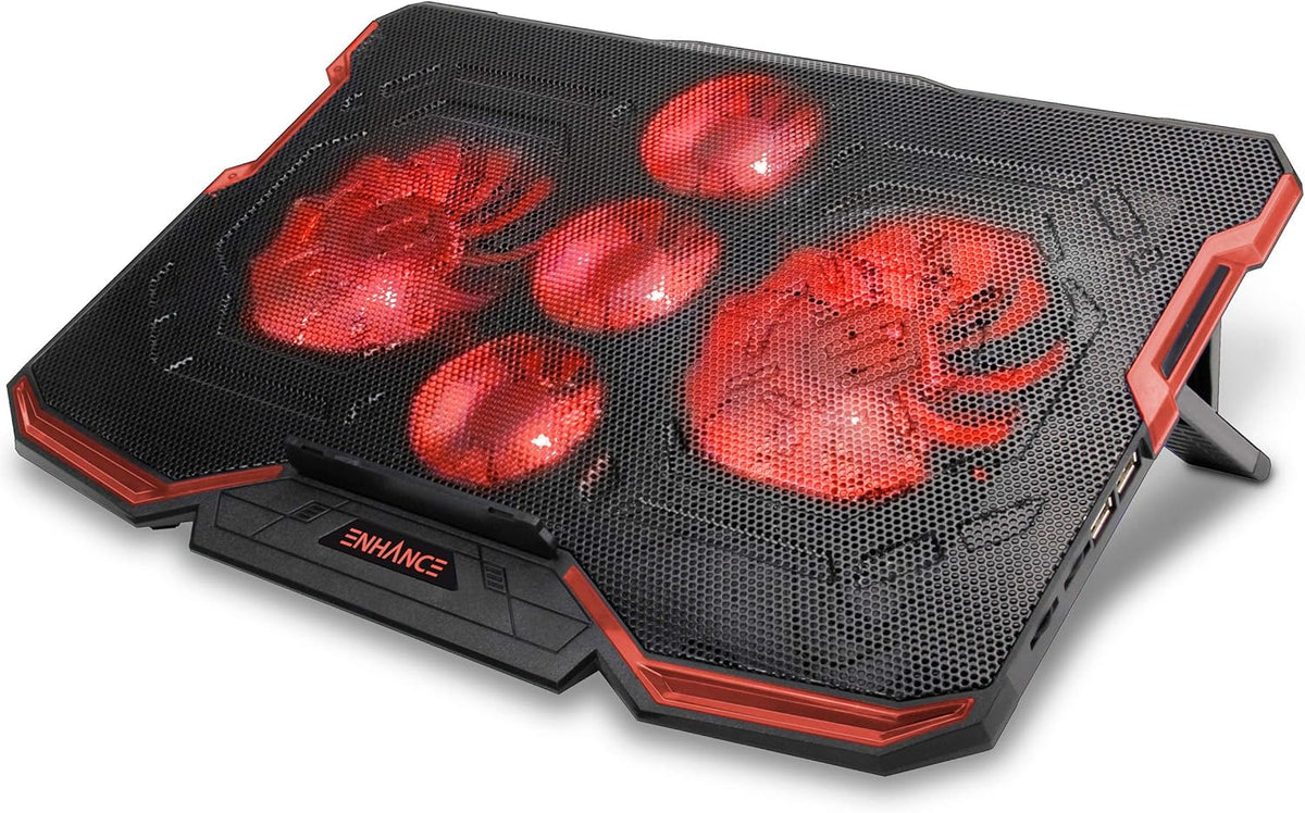 ENHANCE Cryogen Gaming Laptop Cooling Pad - Fits 17 in. Computer, PS4 - Adjustable Laptop Cooling Stand with 5 Quiet Cooler Fans, 2 USB Ports and LED Lighting - Slim Portable Design 2500 RPM (Red)