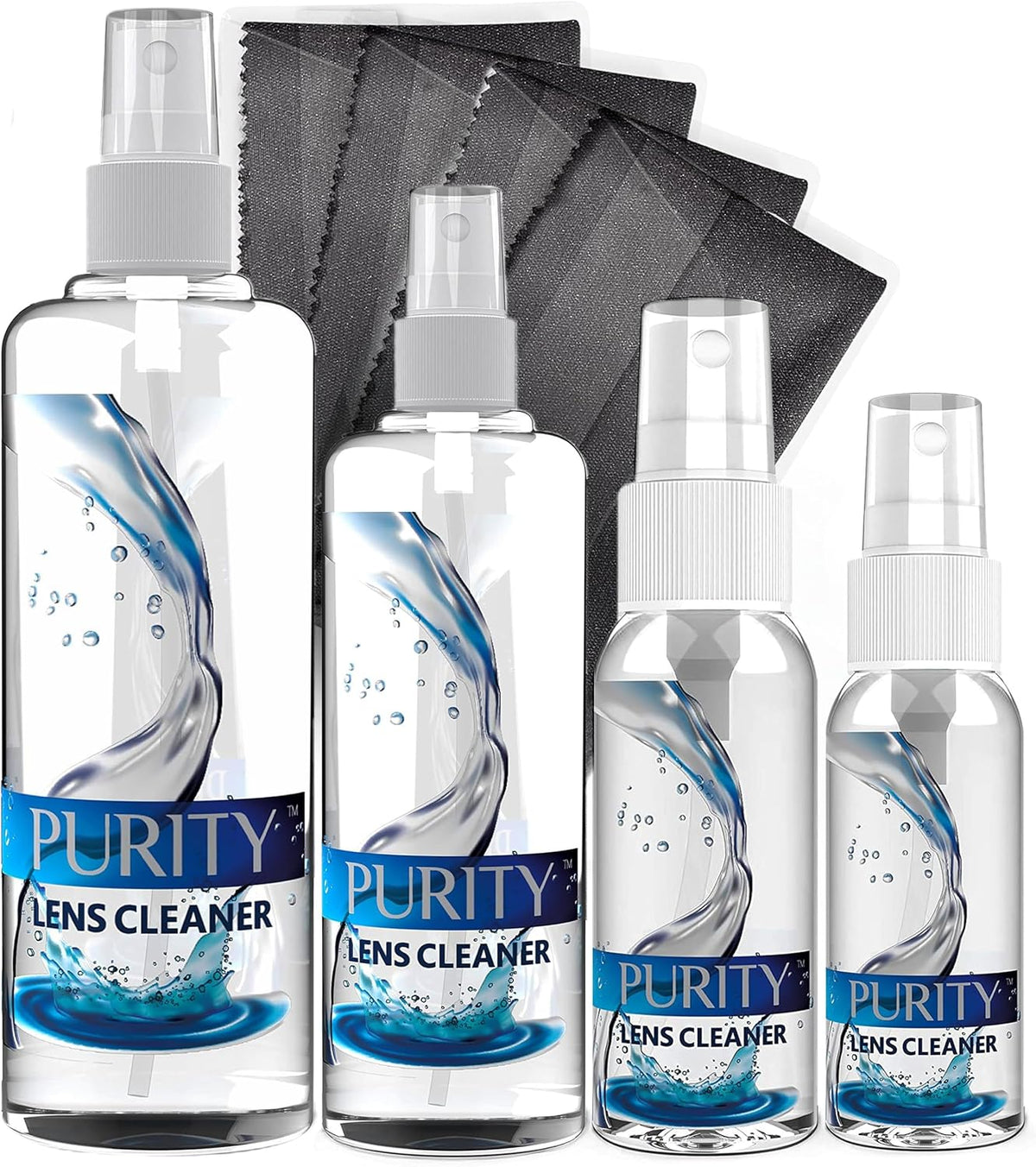 Purity Eyeglass Cleaner Family Pack - Multi-Size Lens Cleaner Kit - 1x1oz, 1x2oz, 1x4oz, 1x8oz Bottles + 4 Premium Microfiber Cloths - Safe for All Lenses, Eyeglasses, & Screens - Streak-Free Formula