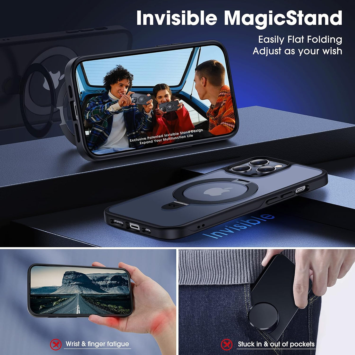 CASEKOO Designed for iPhone 14 Pro Max Case with Magnetic Invisible Stand [Military Drop Protection] [Compatible with MagSafe] Shockproof Slim Matte Translucent Promax Case 6.7 Inch, Black