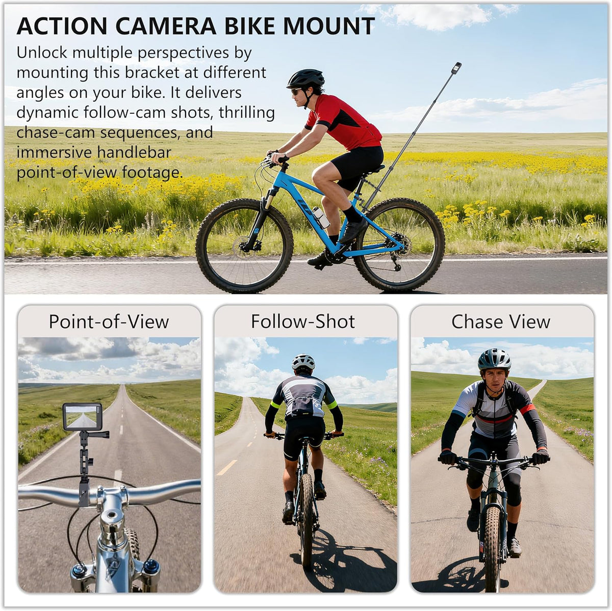 Motorcycle Camera Mount for Insta 360 x5,Adjustable GoPro Bike Extension Pole Kit Compatible with Insta360, GoPro, and DJI Cameras - Designed for Bike and Motorcycle Riding Shots