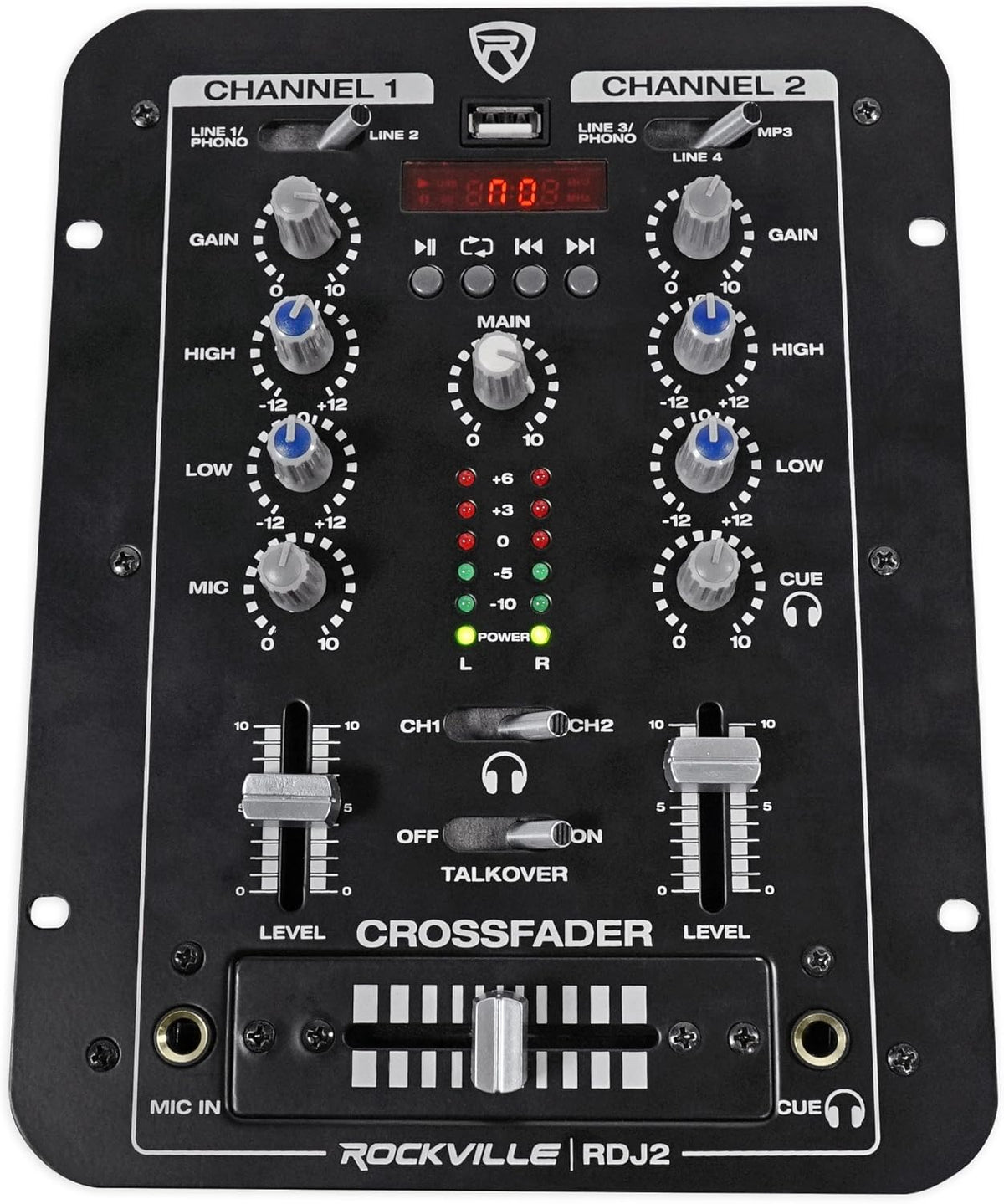 Rockville RDJ2 2-Channel DJ Mixer USB Playback, Cue Monitor, Talkover, 4 Line Inputs, Compact, Portable, for Beginner DJs and Small Events