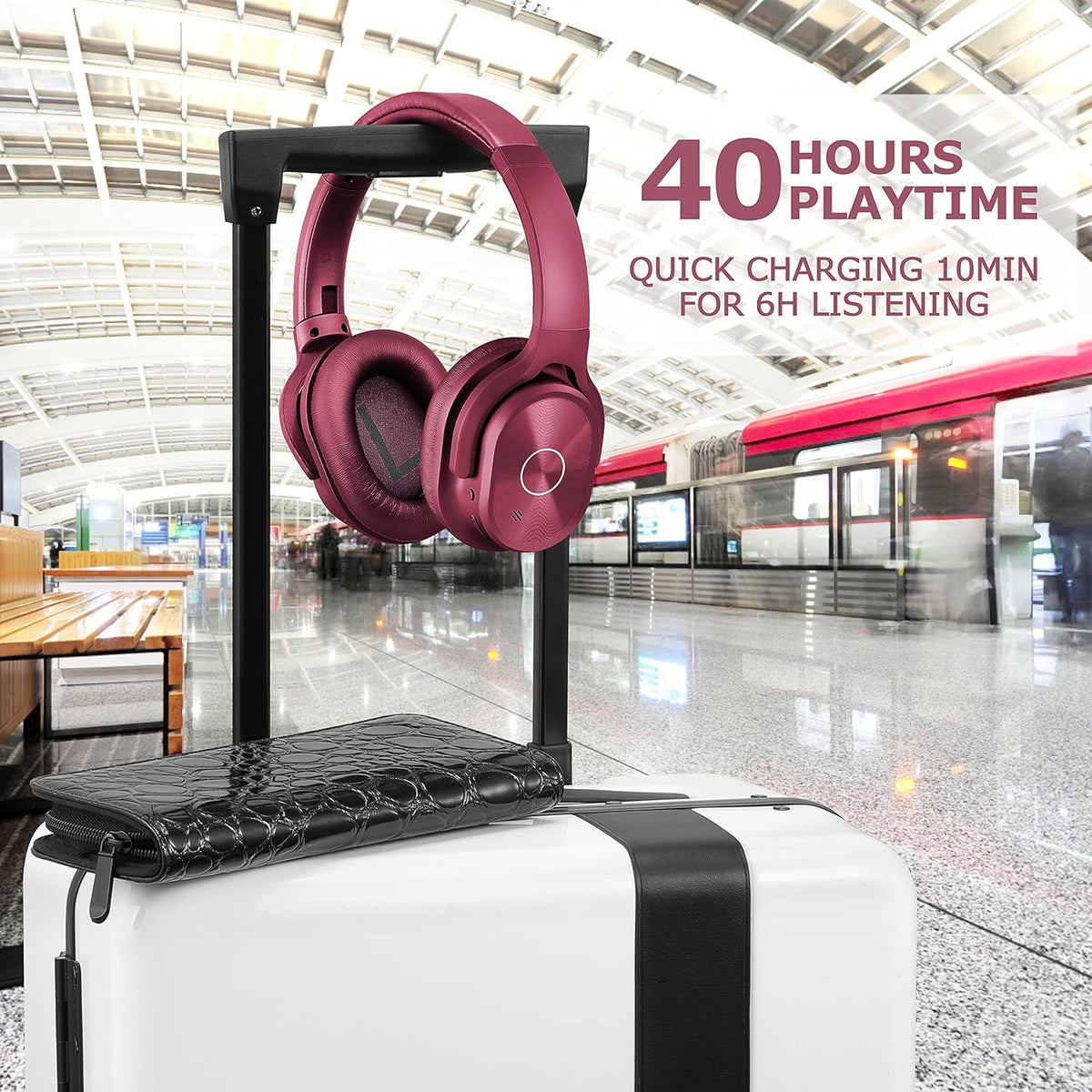 ZIHNIC Active Noise Cancelling Headphones, 40H Playtime Wireless Bluetooth Headset with Deep Bass Hi-Fi Stereo Sound,Comfortable Earpads for Travel/Home/Office (Red)