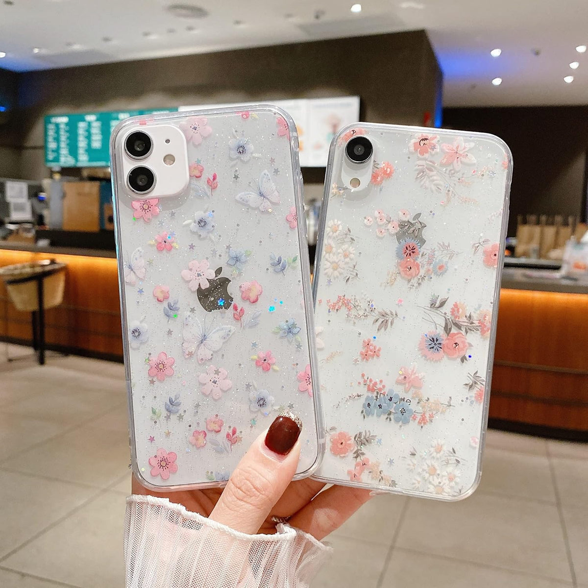 Compatible with iPhone XR, Cute Clear Sparkly Bling Star Flowers Pattern Soft Slim Fit Protective Cover, 6.1"
