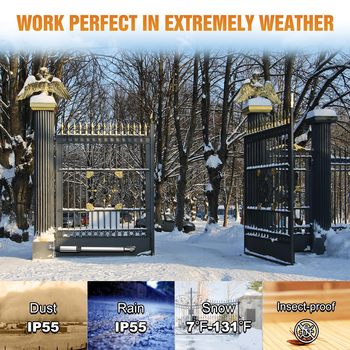 JUJIANG C01 Solar Gate Opener with Batteries & Solar Panel for Single Swing Gates Up to 440lb 12FT Automatic Gate Openers with Remote Complete Kit
