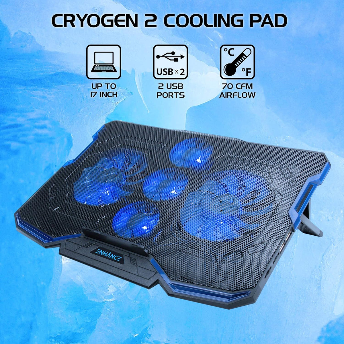 ENHANCE Cryogen Gaming Laptop Cooling Pad - Fits up to 17 inch Computer - Adjustable Laptop Cooling Stand with 5 Ultra Quiet Cooler Fans, 2 USB Ports and LED Lighting - Slim Portable Design 2500 RPM